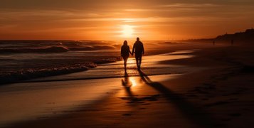 AI image of a couple holding hands and walking on a beach during sunset.